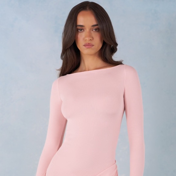 Ribbed Modal Long-Sleeve Draped Mini Dress in Blush Pink - Picture 5 of 8